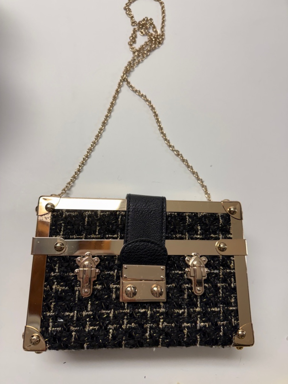 INC International Concepts Black Tweed & Gold Chain Crossbody Bag
